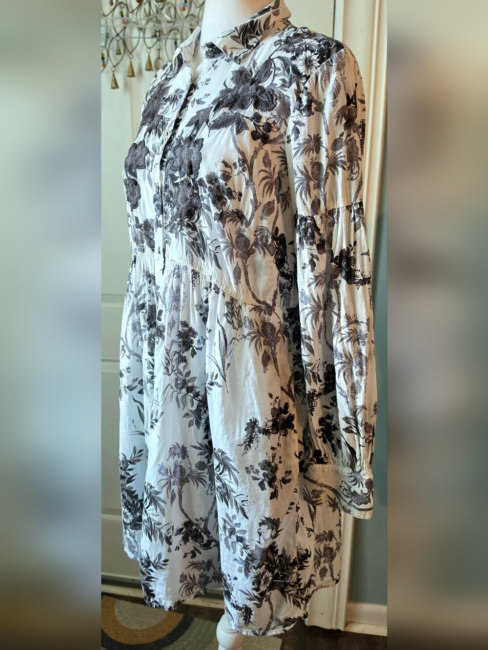 Anthropologie Lavina Shirtdress Women's 4 White Pale Blue W/ Black Floral Cotton